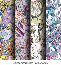 Set of tracery colorful seamless patterns. Vertical stripes. Curved doodling backgrounds for textile or printing with mehndi and ethnic motives. Vector