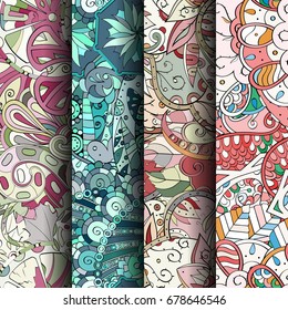 Set of tracery colorful seamless patterns. Vertical stripes. Curved doodling backgrounds for textile or printing with mehndi and ethnic motives. Vector