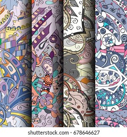 Set of tracery colorful seamless patterns. Vertical stripes. Curved doodling backgrounds for textile or printing with mehndi and ethnic motives. Vector