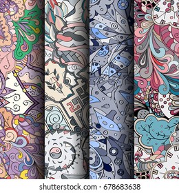 Set of tracery colorful seamless patterns. Vertical stripes. Curved doodling backgrounds for textile or printing with mehndi and ethnic motives. Vector