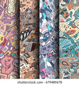 Set of tracery colorful seamless patterns. Vertical stripes. Curved doodling backgrounds for textile or printing with mehndi and ethnic motives. Vector