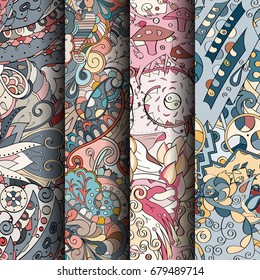 Set of tracery colorful seamless patterns. Vertical stripes. Curved doodling backgrounds for textile or printing with mehndi and ethnic motives. Vector