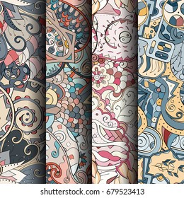 Set of tracery colorful seamless patterns. Vertical stripes. Curved doodling backgrounds for textile or printing with mehndi and ethnic motives. Vector