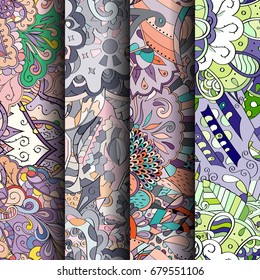 Set of tracery colorful seamless patterns. Vertical stripes. Curved doodling backgrounds for textile or printing with mehndi and ethnic motives. Vector