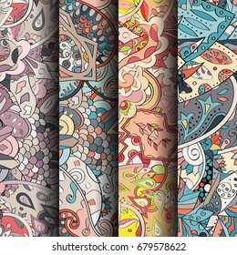 Set of tracery colorful seamless patterns. Vertical stripes. Curved doodling backgrounds for textile or printing with mehndi and ethnic motives. Vector