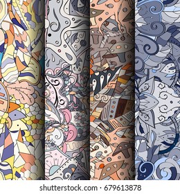 Set of tracery colorful seamless patterns. Vertical stripes. Curved doodling backgrounds for textile or printing with mehndi and ethnic motives. Vector