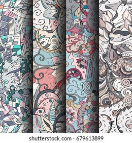 Set of tracery colorful seamless patterns. Vertical stripes. Curved doodling backgrounds for textile or printing with mehndi and ethnic motives. Vector