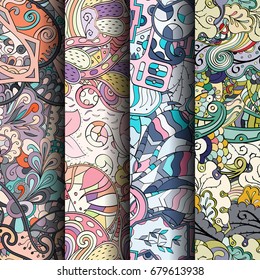 Set of tracery colorful seamless patterns. Vertical stripes. Curved doodling backgrounds for textile or printing with mehndi and ethnic motives. Vector