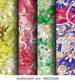 Set of tracery colorful seamless patterns. Vertical stripes. Curved doodling backgrounds for textile or printing with mehndi and ethnic motives. Vector