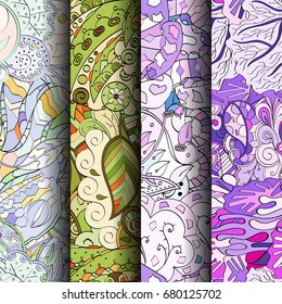 Set of tracery colorful seamless patterns. Vertical stripes. Curved doodling backgrounds for textile or printing with mehndi and ethnic motives. Vector