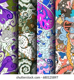 Set of tracery colorful seamless patterns. Vertical stripes. Curved doodling backgrounds for textile or printing with mehndi and ethnic motives. Vector