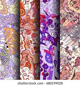 Set of tracery colorful seamless patterns. Vertical stripes. Curved doodling backgrounds for textile or printing with mehndi and ethnic motives. Vector