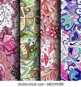 Set of tracery colorful seamless patterns. Vertical stripes. Curved doodling backgrounds for textile or printing with mehndi and ethnic motives. Vector