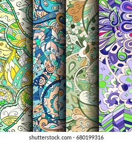 Set of tracery colorful seamless patterns. Vertical stripes. Curved doodling backgrounds for textile or printing with mehndi and ethnic motives. Vector