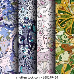 Set of tracery colorful seamless patterns. Vertical stripes. Curved doodling backgrounds for textile or printing with mehndi and ethnic motives. Vector