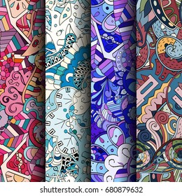 Set of tracery colorful seamless patterns. Vertical stripes. Curved doodling backgrounds for textile or printing with mehndi and ethnic motives. Vector