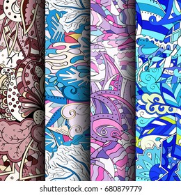 Set of tracery colorful seamless patterns. Vertical stripes. Curved doodling backgrounds for textile or printing with mehndi and ethnic motives. Vector