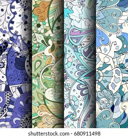 Set of tracery colorful seamless patterns. Vertical stripes. Curved doodling backgrounds for textile or printing with mehndi and ethnic motives. Vector