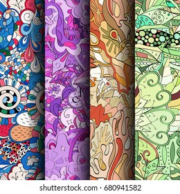 Set of tracery colorful seamless patterns. Vertical stripes. Curved doodling backgrounds for textile or printing with mehndi and ethnic motives. Vector
