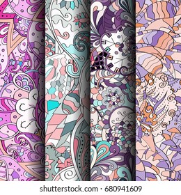 Set of tracery colorful seamless patterns. Vertical stripes. Curved doodling backgrounds for textile or printing with mehndi and ethnic motives. Vector