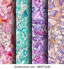 Set of tracery colorful seamless patterns. Vertical stripes. Curved doodling backgrounds for textile or printing with mehndi and ethnic motives. Vector