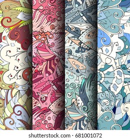 Set of tracery colorful seamless patterns. Vertical stripes. Curved doodling backgrounds for textile or printing with mehndi and ethnic motives. Vector