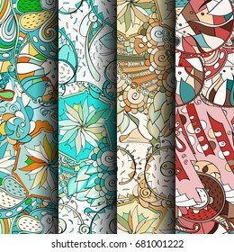 Set of tracery colorful seamless patterns. Vertical stripes. Curved doodling backgrounds for textile or printing with mehndi and ethnic motives. Vector