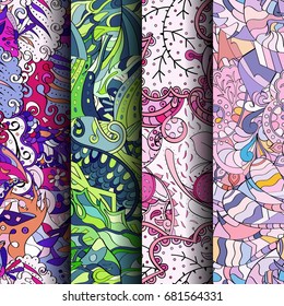 Set of tracery colorful seamless patterns. Vertical stripes. Curved doodling backgrounds for textile or printing with mehndi and ethnic motives. Vector