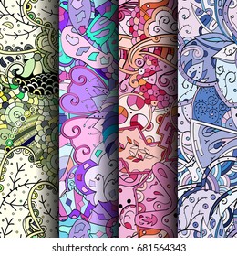 Set of tracery colorful seamless patterns. Vertical stripes. Curved doodling backgrounds for textile or printing with mehndi and ethnic motives. Vector