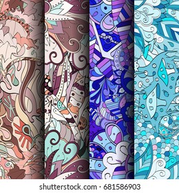 Set of tracery colorful seamless patterns. Vertical stripes. Curved doodling backgrounds for textile or printing with mehndi and ethnic motives. Vector