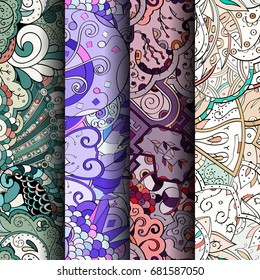 Set of tracery colorful seamless patterns. Vertical stripes. Curved doodling backgrounds for textile or printing with mehndi and ethnic motives. Vector