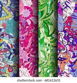 Set of tracery colorful seamless patterns. Vertical stripes. Curved doodling backgrounds for textile or printing with mehndi and ethnic motives. Vector