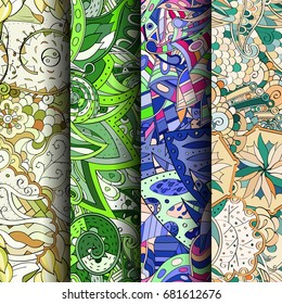 Set of tracery colorful seamless patterns. Vertical stripes. Curved doodling backgrounds for textile or printing with mehndi and ethnic motives. Vector