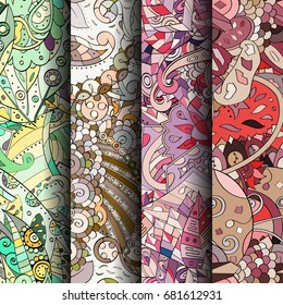 Set of tracery colorful seamless patterns. Vertical stripes. Curved doodling backgrounds for textile or printing with mehndi and ethnic motives. Vector