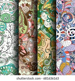 Set of tracery colorful seamless patterns. Vertical stripes. Curved doodling backgrounds for textile or printing with mehndi and ethnic motives. Vector