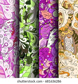Set of tracery colorful seamless patterns. Vertical stripes. Curved doodling backgrounds for textile or printing with mehndi and ethnic motives. Vector