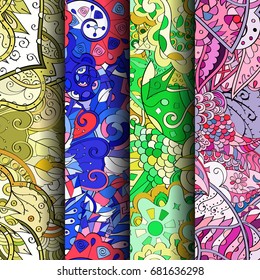 Set of tracery colorful seamless patterns. Vertical stripes. Curved doodling backgrounds for textile or printing with mehndi and ethnic motives. Vector