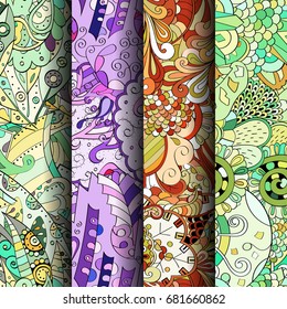 Set of tracery colorful seamless patterns. Vertical stripes. Curved doodling backgrounds for textile or printing with mehndi and ethnic motives. Vector