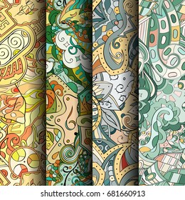 Set of tracery colorful seamless patterns. Vertical stripes. Curved doodling backgrounds for textile or printing with mehndi and ethnic motives. Vector