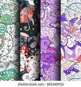Set of tracery colorful seamless patterns. Vertical stripes. Curved doodling backgrounds for textile or printing with mehndi and ethnic motives. Vector