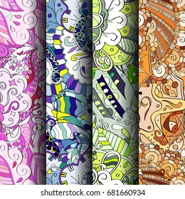 Set of tracery colorful seamless patterns. Vertical stripes. Curved doodling backgrounds for textile or printing with mehndi and ethnic motives. Vector