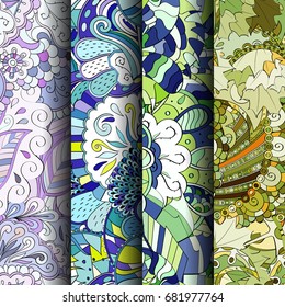 Set of tracery colorful seamless patterns. Vertical stripes. Curved doodling backgrounds for textile or printing with mehndi and ethnic motives. Vector