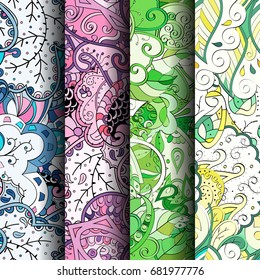 Set of tracery colorful seamless patterns. Vertical stripes. Curved doodling backgrounds for textile or printing with mehndi and ethnic motives. Vector