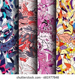 Set of tracery colorful seamless patterns. Vertical stripes. Curved doodling backgrounds for textile or printing with mehndi and ethnic motives. Vector