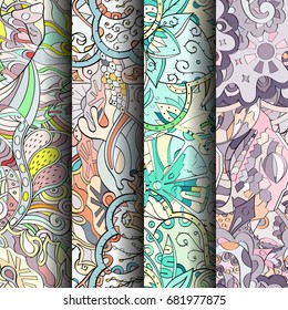Set of tracery colorful seamless patterns. Vertical stripes. Curved doodling backgrounds for textile or printing with mehndi and ethnic motives. Vector