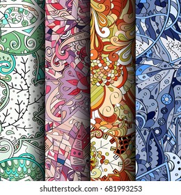Set of tracery colorful seamless patterns. Vertical stripes. Curved doodling backgrounds for textile or printing with mehndi and ethnic motives. Vector