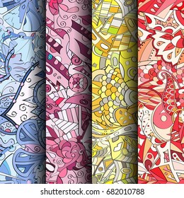 Set of tracery colorful seamless patterns. Vertical stripes. Curved doodling backgrounds for textile or printing with mehndi and ethnic motives. Vector