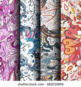 Set of tracery colorful seamless patterns. Vertical stripes. Curved doodling backgrounds for textile or printing with mehndi and ethnic motives. Vector