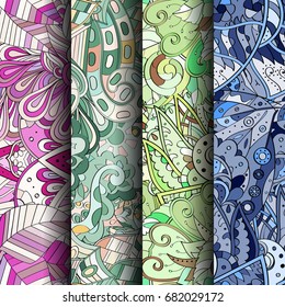 Set of tracery colorful seamless patterns. Vertical stripes. Curved doodling backgrounds for textile or printing with mehndi and ethnic motives. Vector