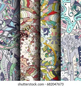 Set of tracery colorful seamless patterns. Vertical stripes. Curved doodling backgrounds for textile or printing with mehndi and ethnic motives. Vector